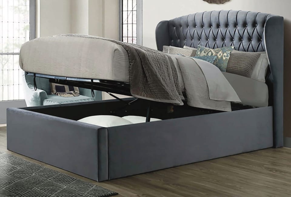 image 1 of 5ft King Size Velvet grey ottoman fabric upholstered buttoned storage gas lift up bed frame. Front lift up underbed storeage bed frame