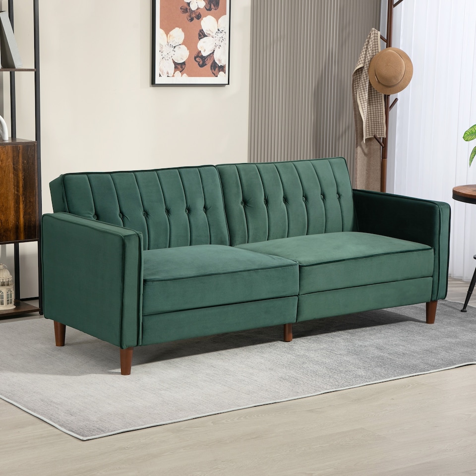 image 1 of HOMCOM Convertible Sofa Bed, 189cm Click Clack 3 Seater Sofa Bed, Button Tufted Velvet Sleeper Couch with Split Reclining Backrest and Rubber Wood Legs, Green