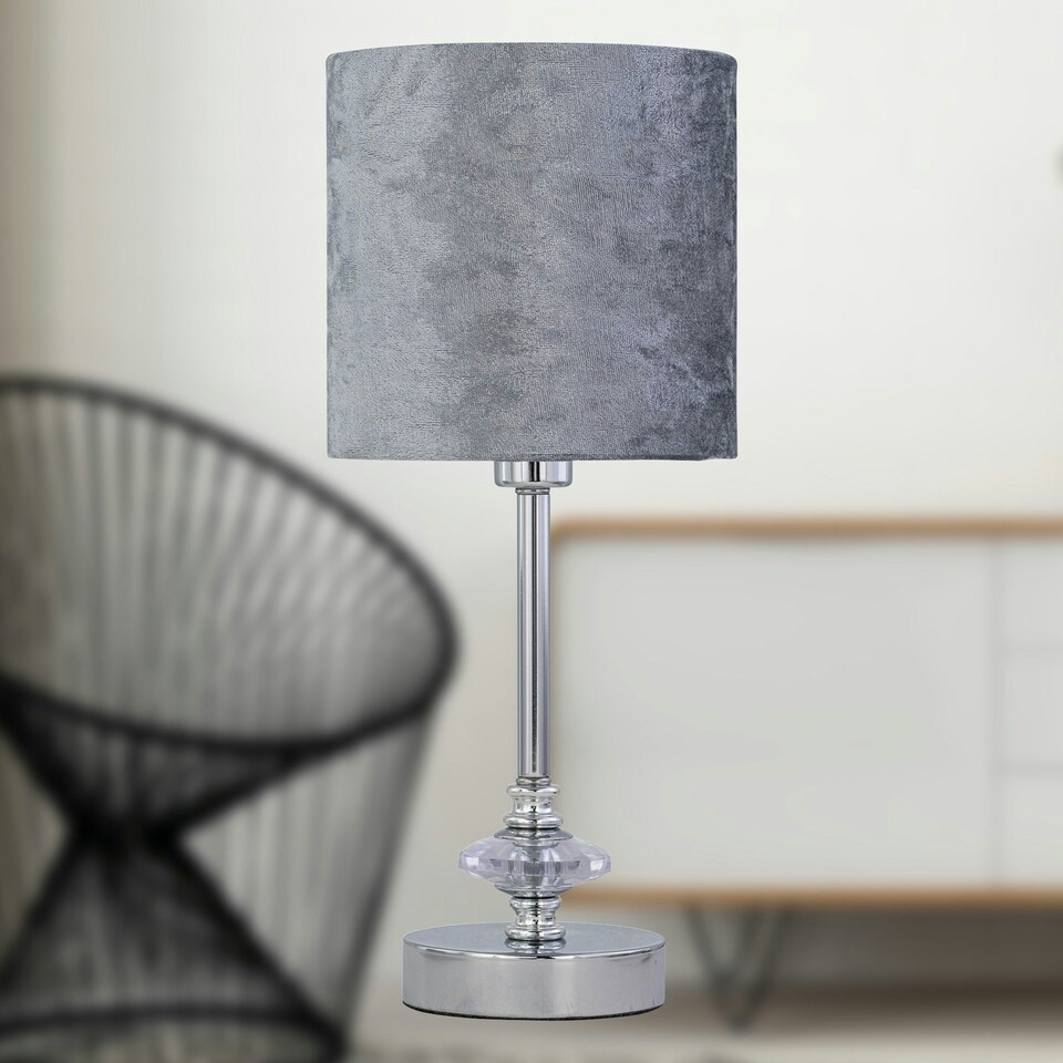 image 1 of First Choice Lighting Set of 2 Chrome Jewelled Table Lamp with Grey Crushed Velvet Shades Chrome | Grey