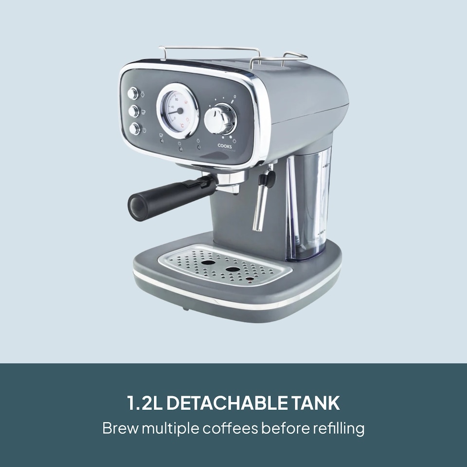 image 1 of Cooks Professional 15-Bar Retro Espresso Coffee Machine 1.2L with Frothing Steam Wand | Grey | Grey & Silver