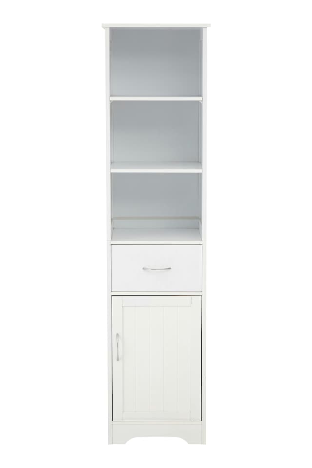 image 1 of Orsina Tall White Display Cabinet With Drawer & Shelves, Narrow Storage Unit, White Storage Cabinet For Daily Use