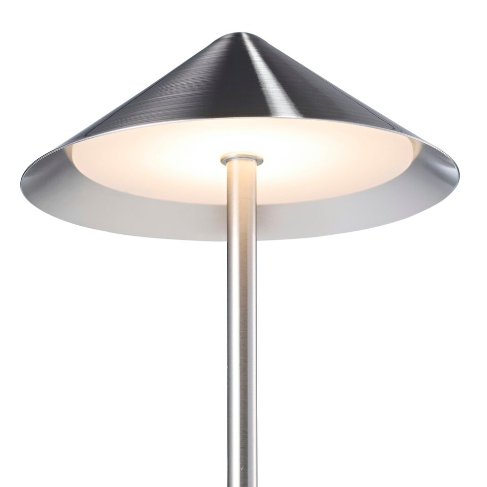 image 1 of Tall Sleek Satin Nickel Rechargeable Touch Dimmable Table Lamp with Metal Shade Silver