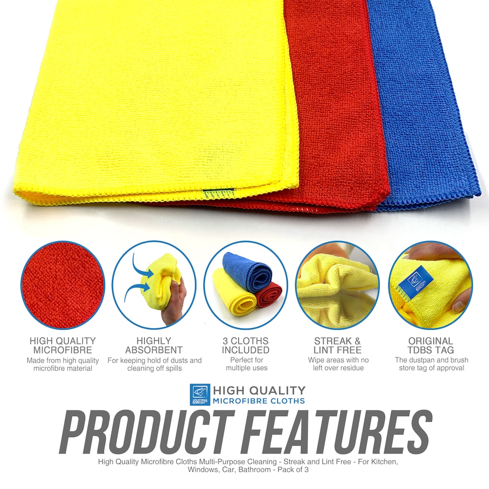 image 1 of Multipurpose Microfibre Cleaning Cloth 40cm x 40cm Super Soft Washable and Lint Free - Pack of 3