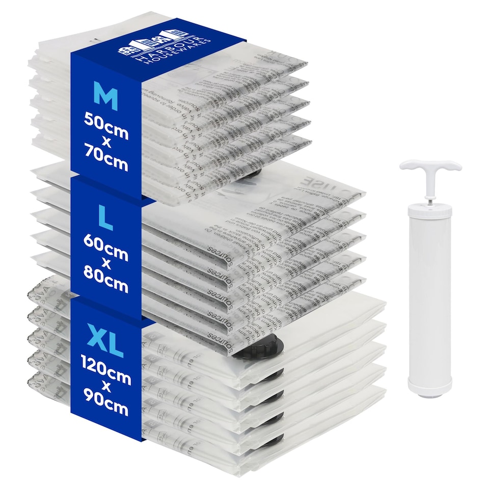 image 1 of Harbour Housewares 15x Vacuum Storage Bags & Pump Set - 3 Sizes - Reusable Clothes Suction Space Saver Organiser Zip Lock Bag | White | White | One Size | 16