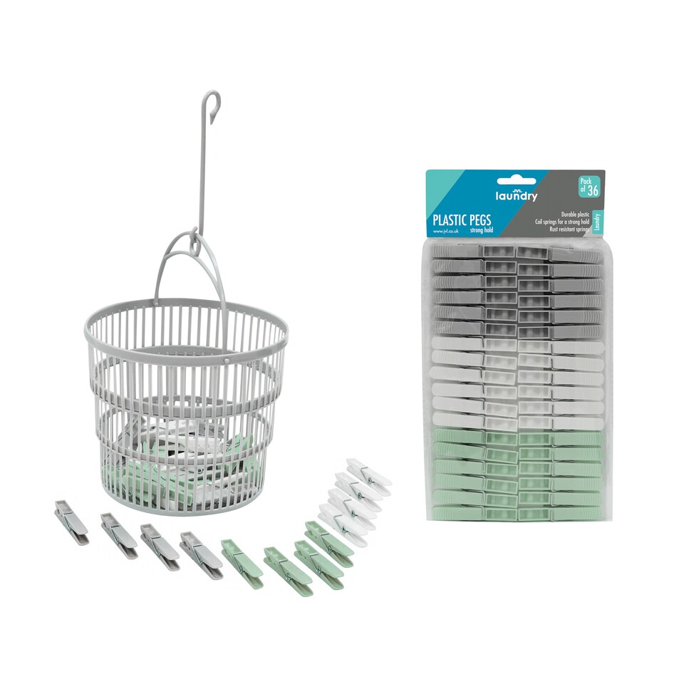 image 1 of JVL Collapsible Peg Basket with 86 Plastic Clothes Pegs, Assorted Colours