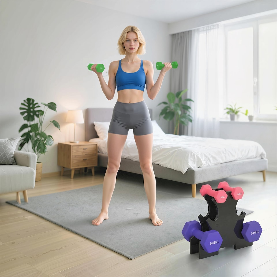 image 1 of SPORTNOW Hex Dumbbells Set with Dumbbell Rack, 2 x 1kg, 2 x 3kg, 2 x 5kg | Multi | Pink, Green, Purple | 30L x 8W x 27H cm
