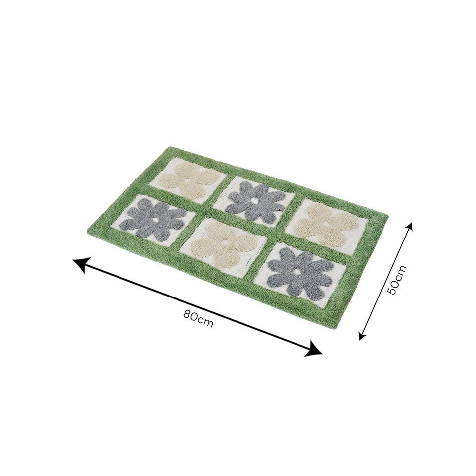 image 1 of Showerdrape Fiore 100% Cotton Green & Grey Floral Anti-Slip Bath Mat 800 x 500mm | Green | Sage Green | 1