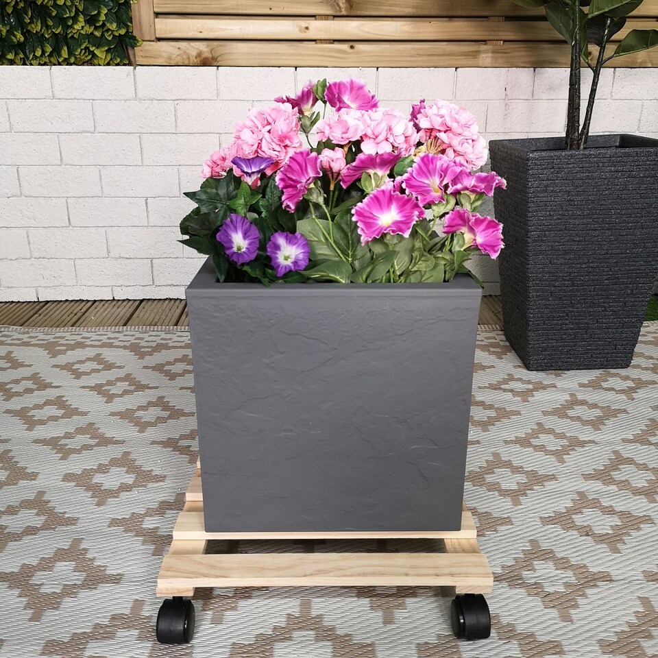 image 1 of 35cm Square Wooden Garden Plant Pot Flower Trolley Stand On Wheels