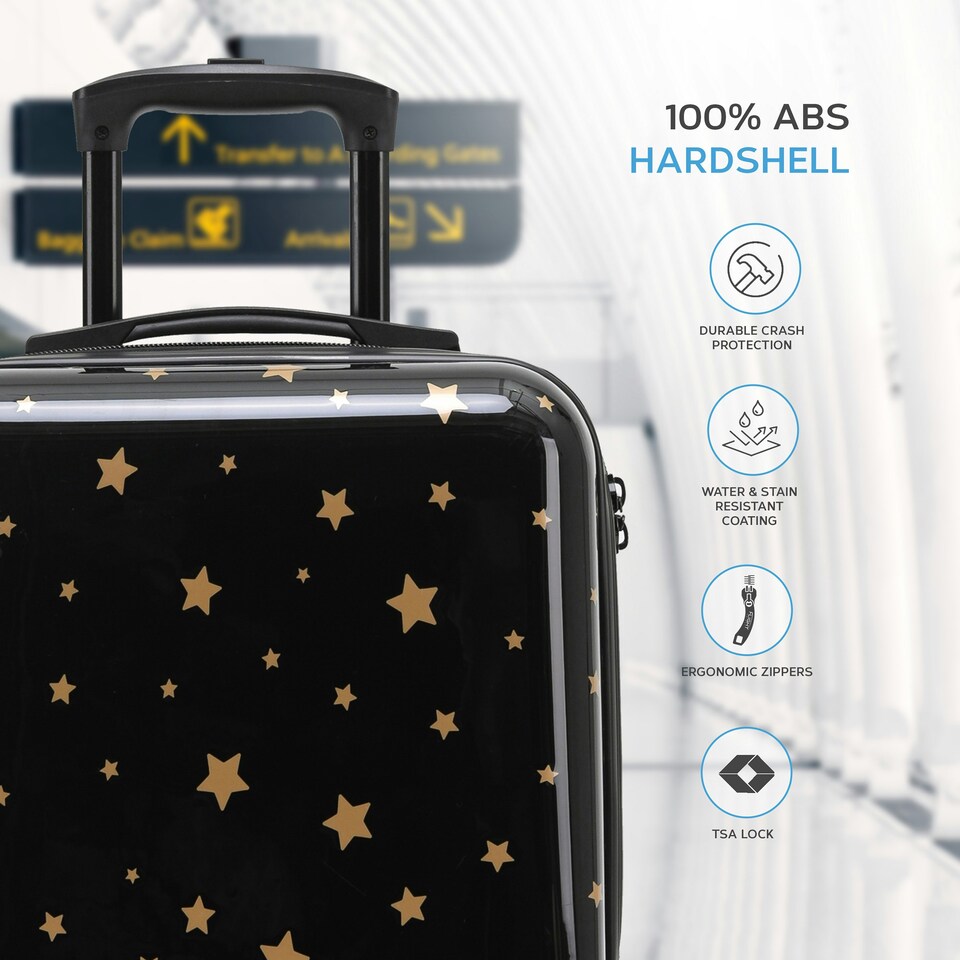 image 1 of Flight Knight Carry On Suitcase - 8 Wheel TSA Lock USB Port - Anti Crack Case Hard Luggage Approved for easyJet, Jet2, BA Black | Black/Gold Stars | Cabin Bag