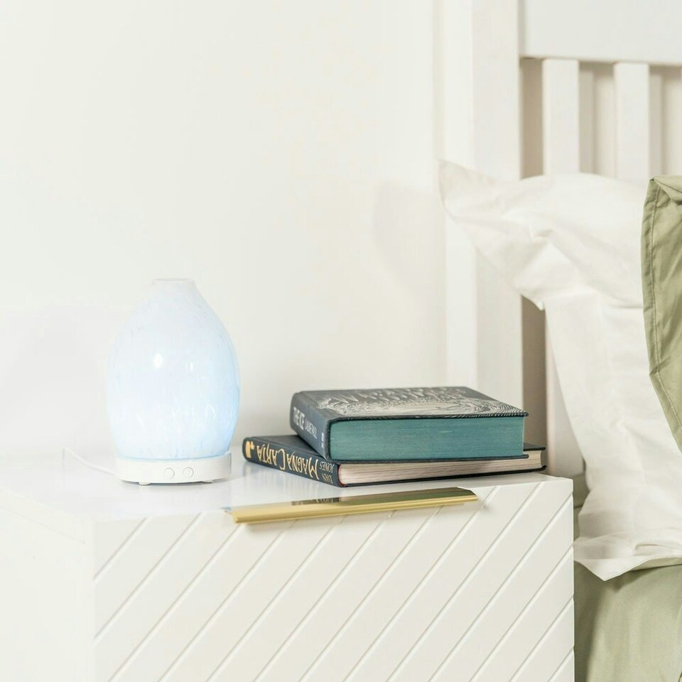 image 1 of ValueLights Confetti Gifting Matte White Table Lamp with White Drum Shade and Integrated LED 5W Multicolour Bulb