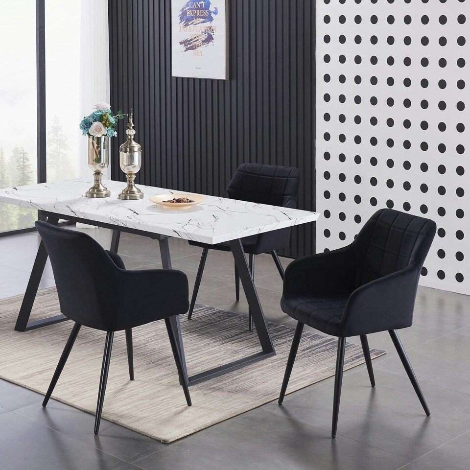 image 1 of Set of 6 Camden Modern Velvet Dining Chairs with Armrests, Quilted Design & Black Metal Legs Black