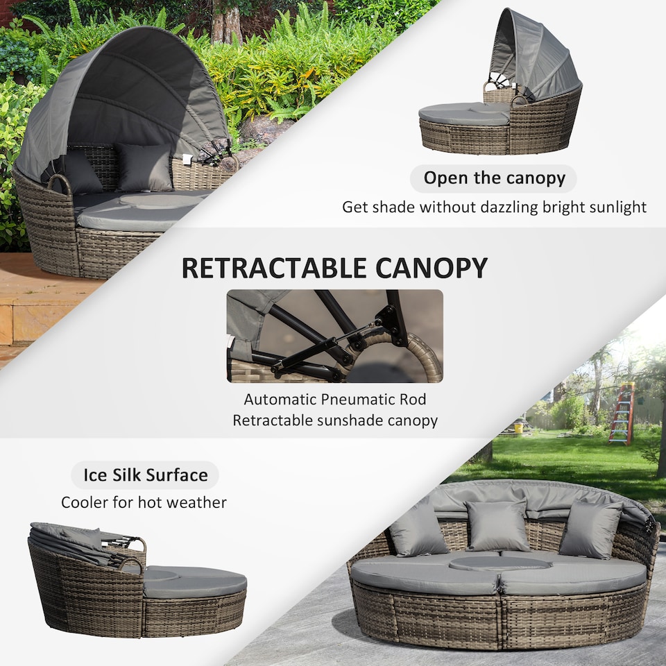 image 1 of Outsunny Outdoor PE Rattan Garden Furniture with Cushioned, Patio Wicker Conversation Furniture Set, Round Daybed with Retractable Canopy, Coffee Table and Three Pillows, Grey