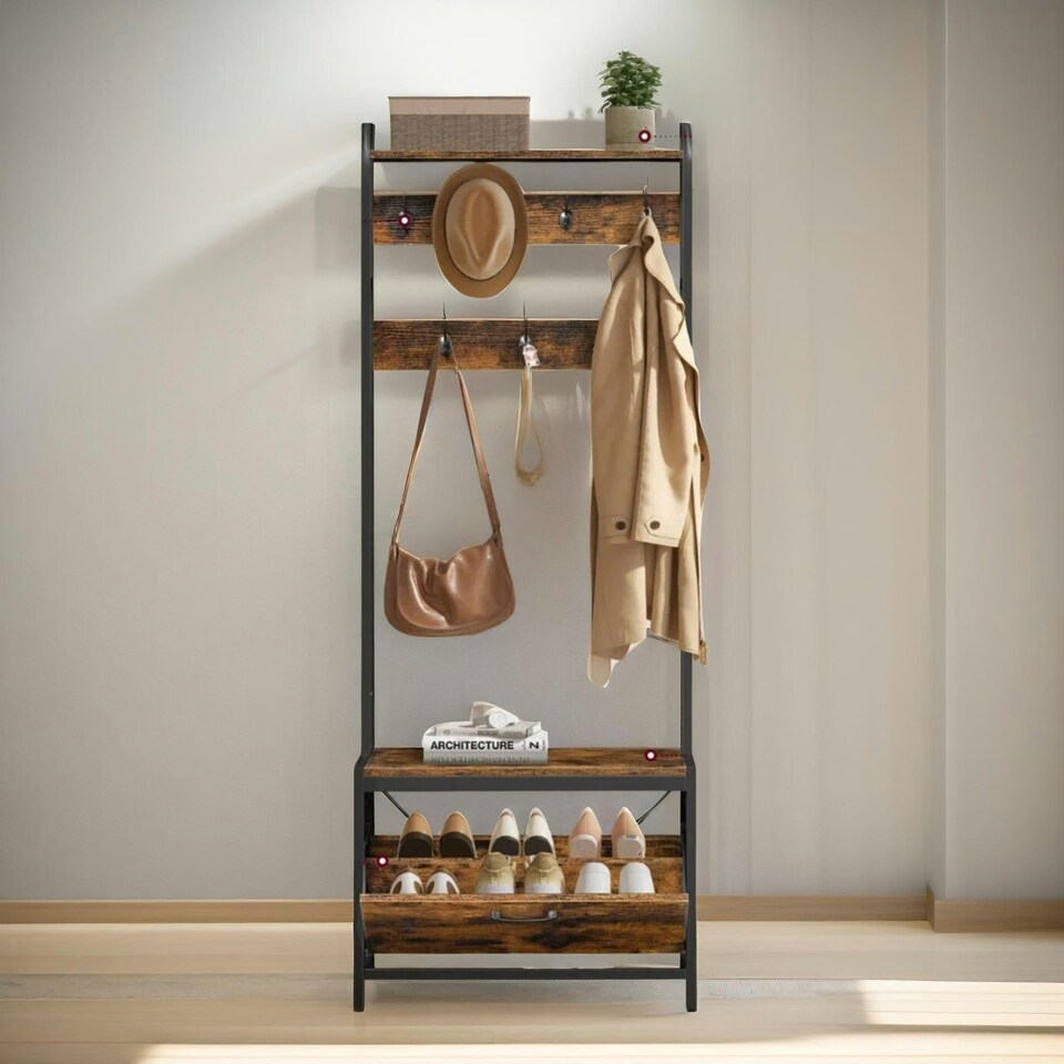 image 1 of Industrial Coat Rack Stand With Shoe Storage Brown One Size