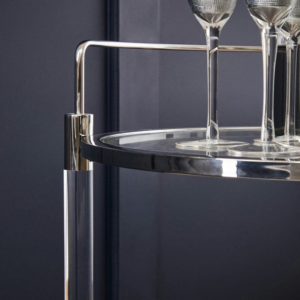 image 1 of Interiors by Premier Round Drinks Trolley, Two‑Tier Glass Shelves with Acrylic Supports, Mid‑Century Stainless Steel Bar Cart Black
