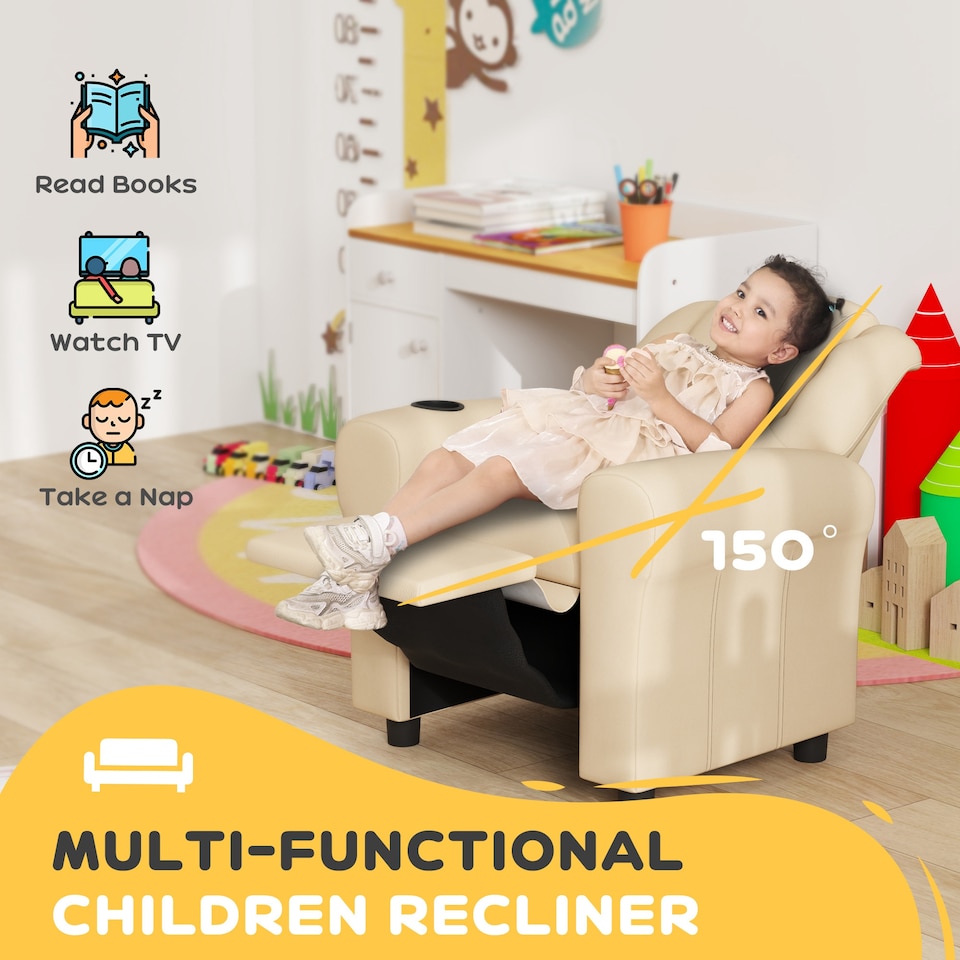 image 1 of HOMCOM Kids Recliner Chair w/ Cup Holder, PU Leather Children Lounger, Beige