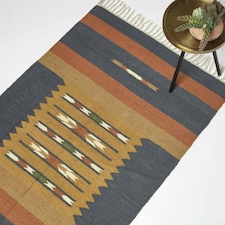 Homescapes Lundi Orange and Blue Kilim Cotton and Jute Rug - 240 x 300 cm | Orange | Blue and Orange