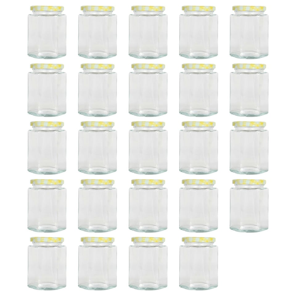 image 1 of Argon Tableware Hexagonal Glass Jam Jars with Yellow Gingham Lids - 250ml - Pack of 24