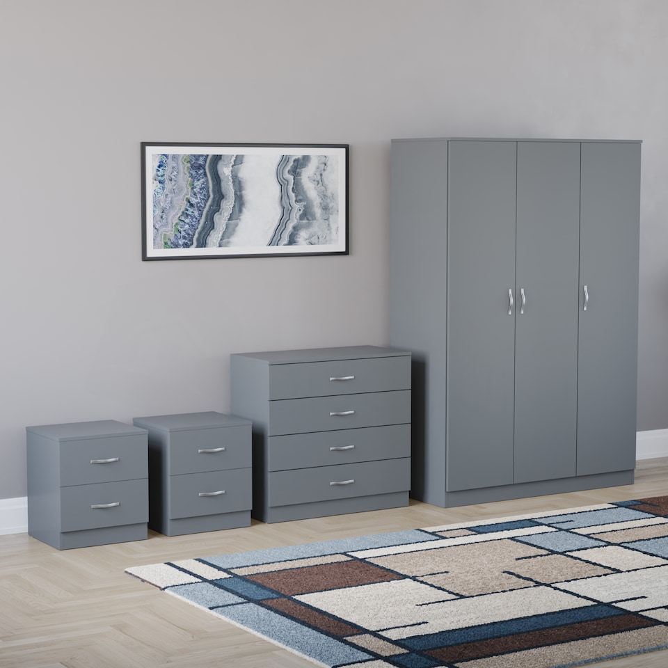 image 1 of Vida Designs Riano 4 Piece Bedroom Set (2 Drawer Bedside Chest, 4 Drawer Chest, 3 Door Wardrobe), Grey (6)