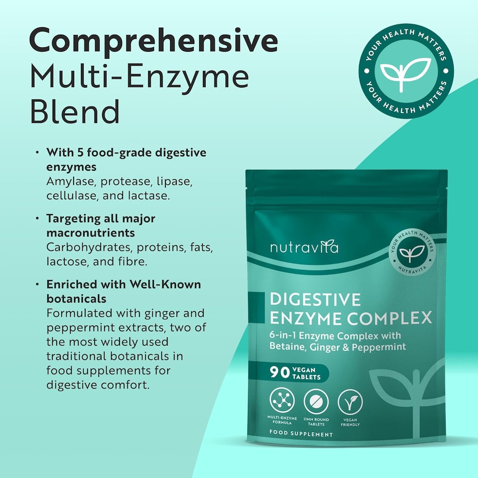 image 1 of Nutravita Digestive Enzyme Supplements Complex with Amylase, Lactase, Lipase, Bromelain, Ginger & Peppermint - 3 Months Supply -  90 Vegan Tablets
