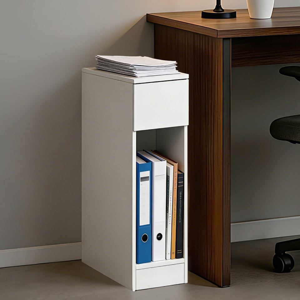 image 1 of Levede Bedside Table Cabinet  Narrow Slim Side Cabinet White Drawer Open Shelf