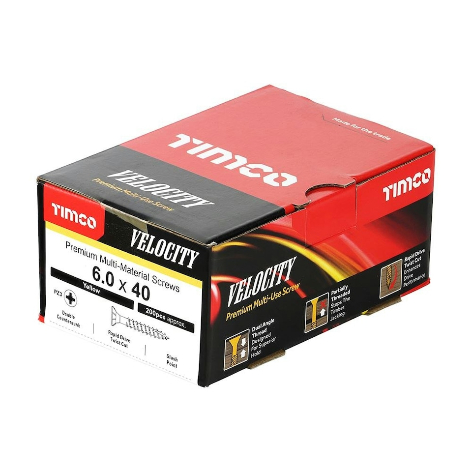 image 1 of Timco - Velocity Premium Multi-Use Screws - PZ - Double Countersunk - Yellow (Size 6.0 x 40 - 200 Pieces)