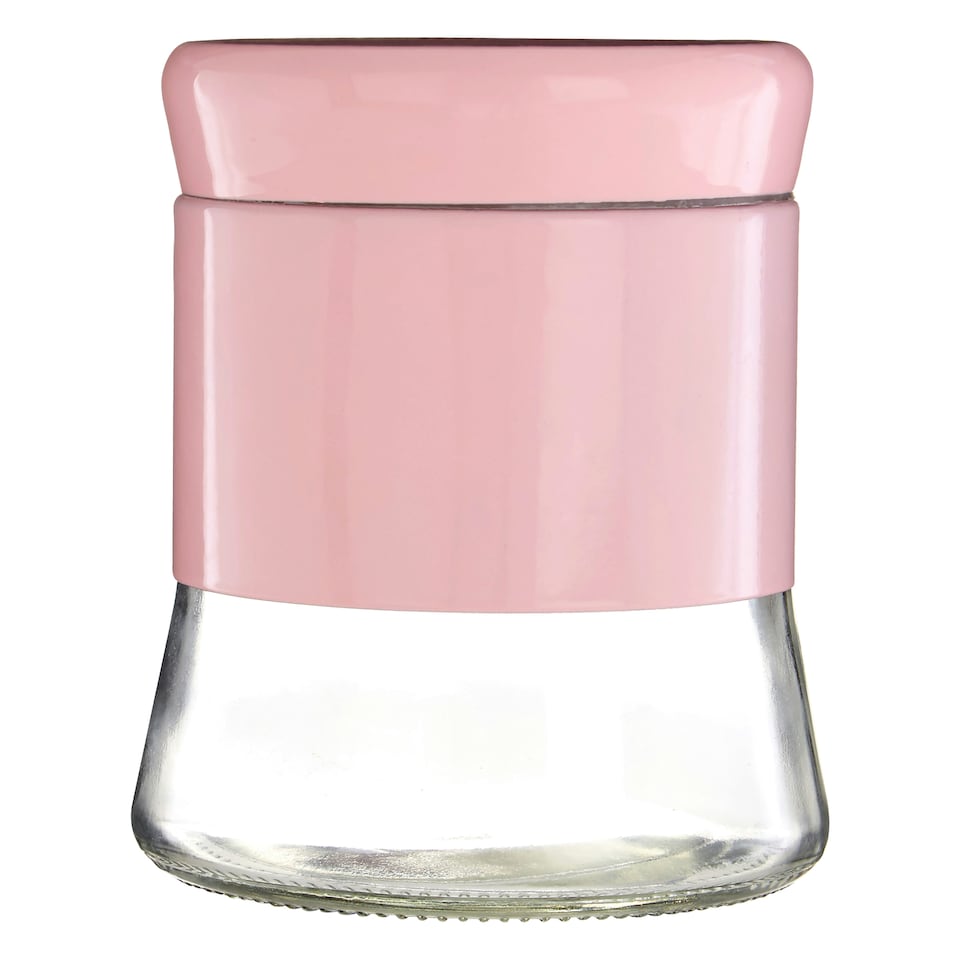 image 1 of Interiors by Premier Pink Steel Wrap Glass Storage Jar, 800ml Capacity, Modern Design with Grey Steel Lid, Kitchen Storage