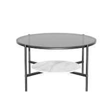 2 Tier Round Faux Marble Glass Coffee Table Heavy Duty Black
