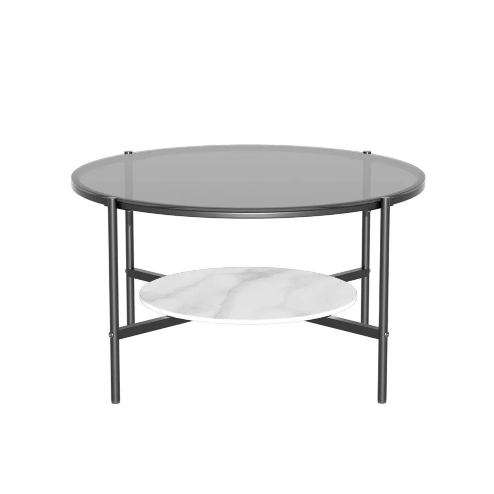 image 1 of 2 Tier Round Faux Marble Glass Coffee Table Heavy Duty Black