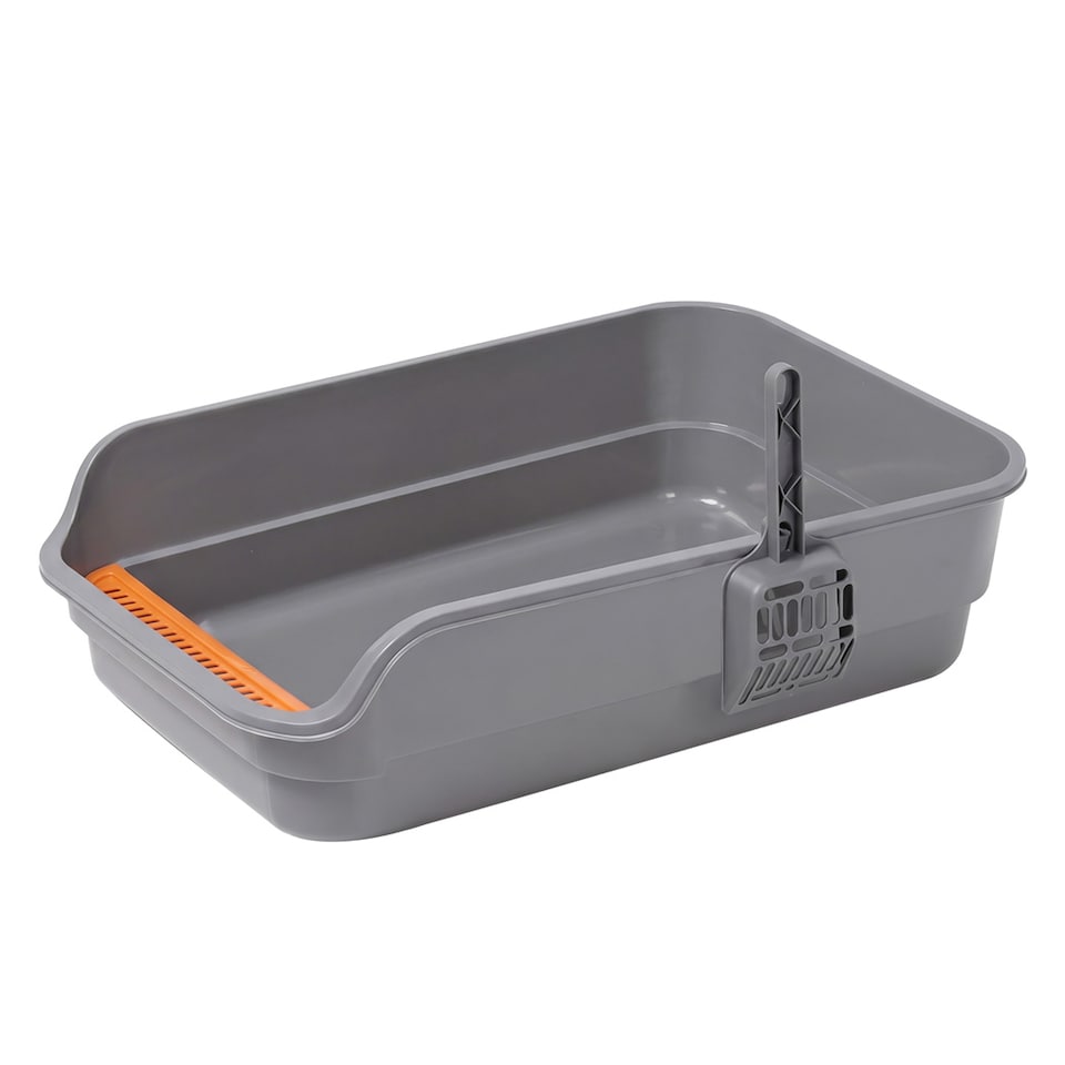 image 1 of Skylos Cat Litter Tray Spacious High Sided Low Entry Open Pan for Cats Grey