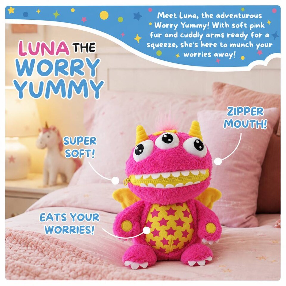 image 1 of Kids Worry Monster Soft Toy Zip Mouth Pocket Plush Comfort Companion Gift Idea Present Cuddly