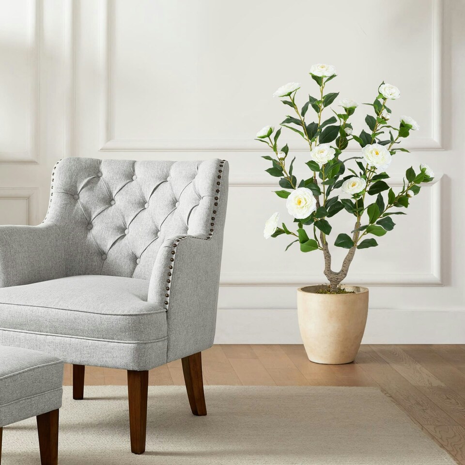image 1 of COSTWAY 90CM Artificial Camellia Tree Faux Flower Plant White | One Size