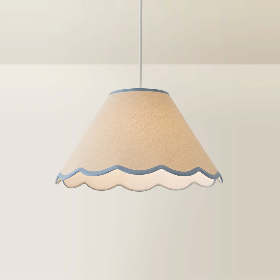 image 1 of ValueLights Florie Natural Large Taper Lamp Shade Scallop Blue Trim & Bulb | Blue