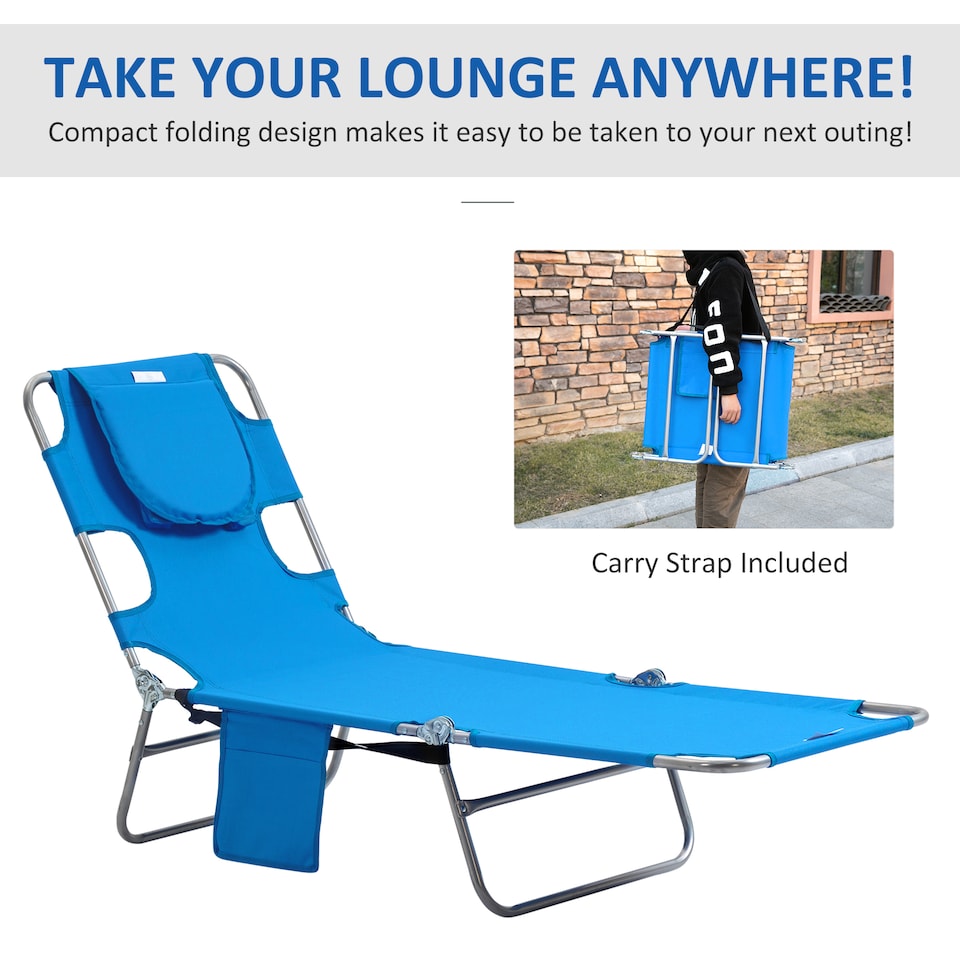 image 1 of Outsunny Sun Lounger with Reading Hole, Folding Garden Lounger, Blue