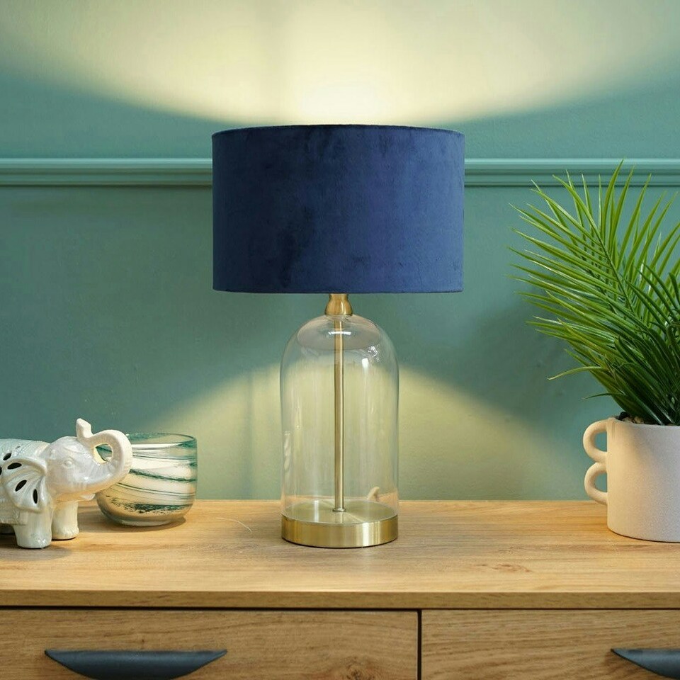 image 1 of ValueLights Jessy Glass and Gold Metal Bedside Table Lamp with a Navy Blue Velvet Lampshade - Bulb Included Blue