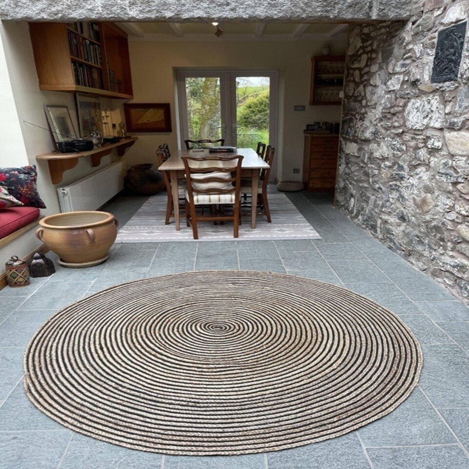 image 1 of CHAKKAR DARK Stripe Round Rug Braided in Beige Black - Jute - L150 x W150 - Beige/Black Black