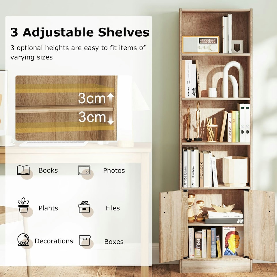 image 1 of COSTWAY 6-Tier Bookshelf Bookcase w/4 Open Cubes Oak Brown