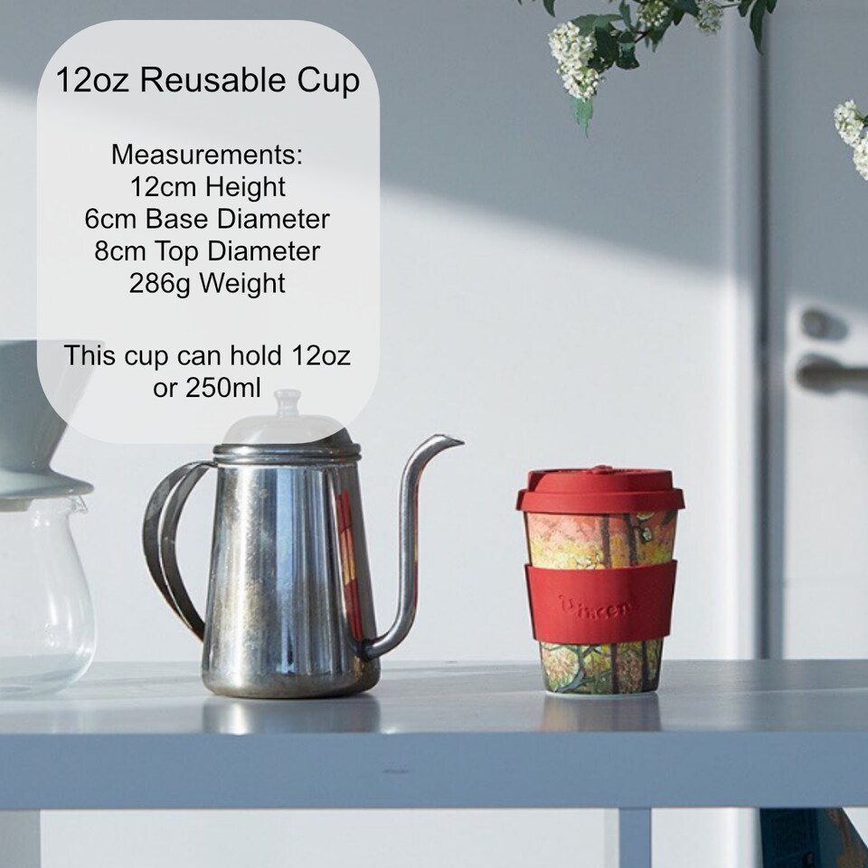 image 1 of Ecoffee Cup 12oz 350ml Van Gogh Design Reusable, Plant Based Coffee Cup with Silicone Lid & Sleeve, Flowering Plum Orchard