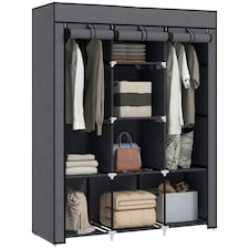 HOMCOM Fabric Portable Wardrobe with 8 Shelves 2 Hanging Rails, Grey 