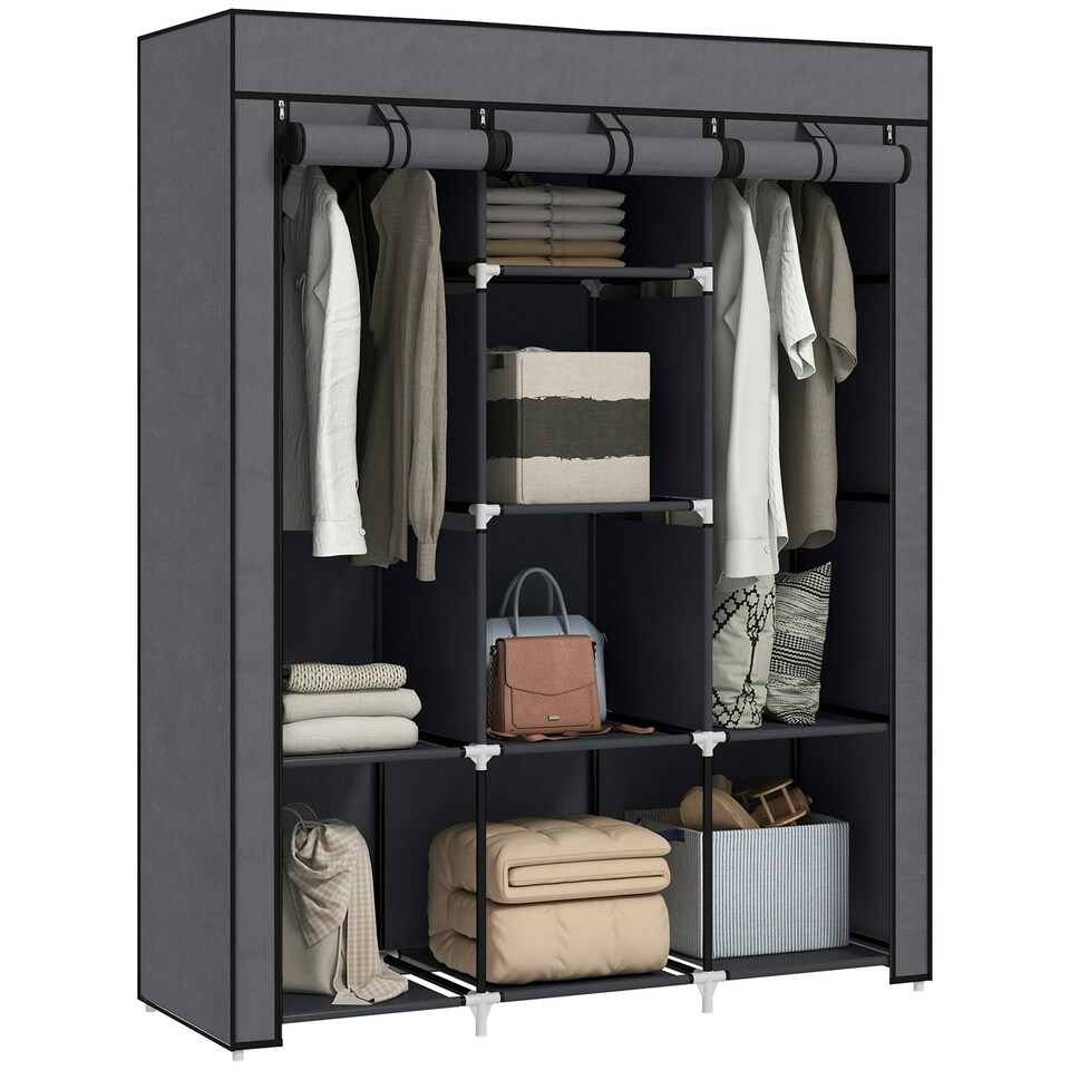 image 1 of HOMCOM Fabric Portable Wardrobe with 8 Shelves 2 Hanging Rails, Grey 