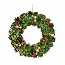 36cm Bauble and Pinecone Hanging Christmas Wreath with Red Berries