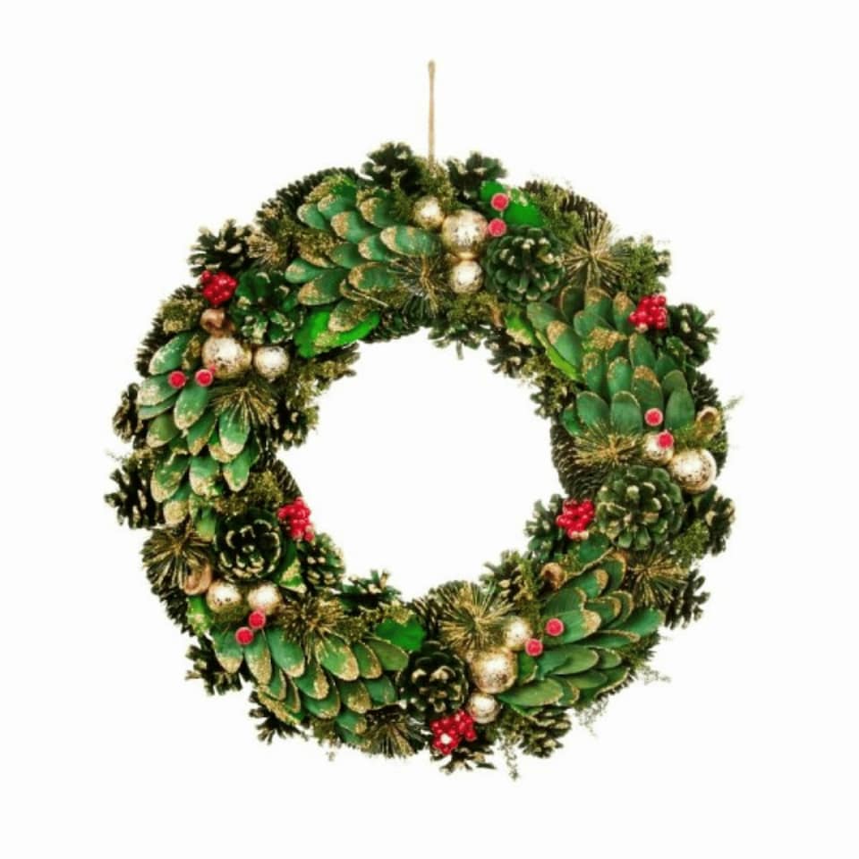 image 1 of 36cm Bauble and Pinecone Hanging Christmas Wreath with Red Berries