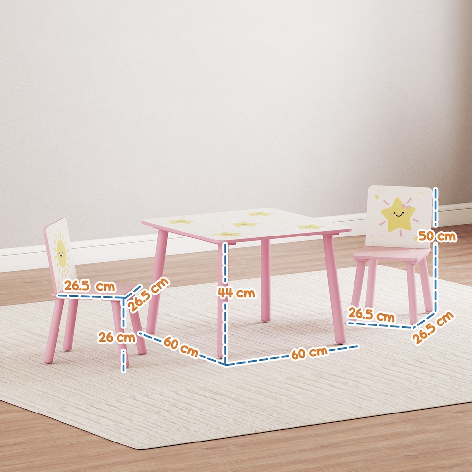 image 1 of AIYAPLAY 3-Piece Kids Table and Chair Sets, Kids Table with 2 Chairs Set Furniture with Star Pattern for Boys and Girls, Bedroom, Nursery, Playroom, Pink | Pink