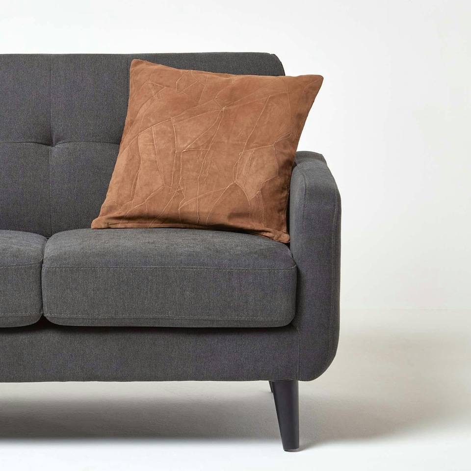 image 1 of Homescapes Tan Brown Real Leather Suede Cushion with Feather Filling - 45 x 45 cm | Brown | Tan | 1