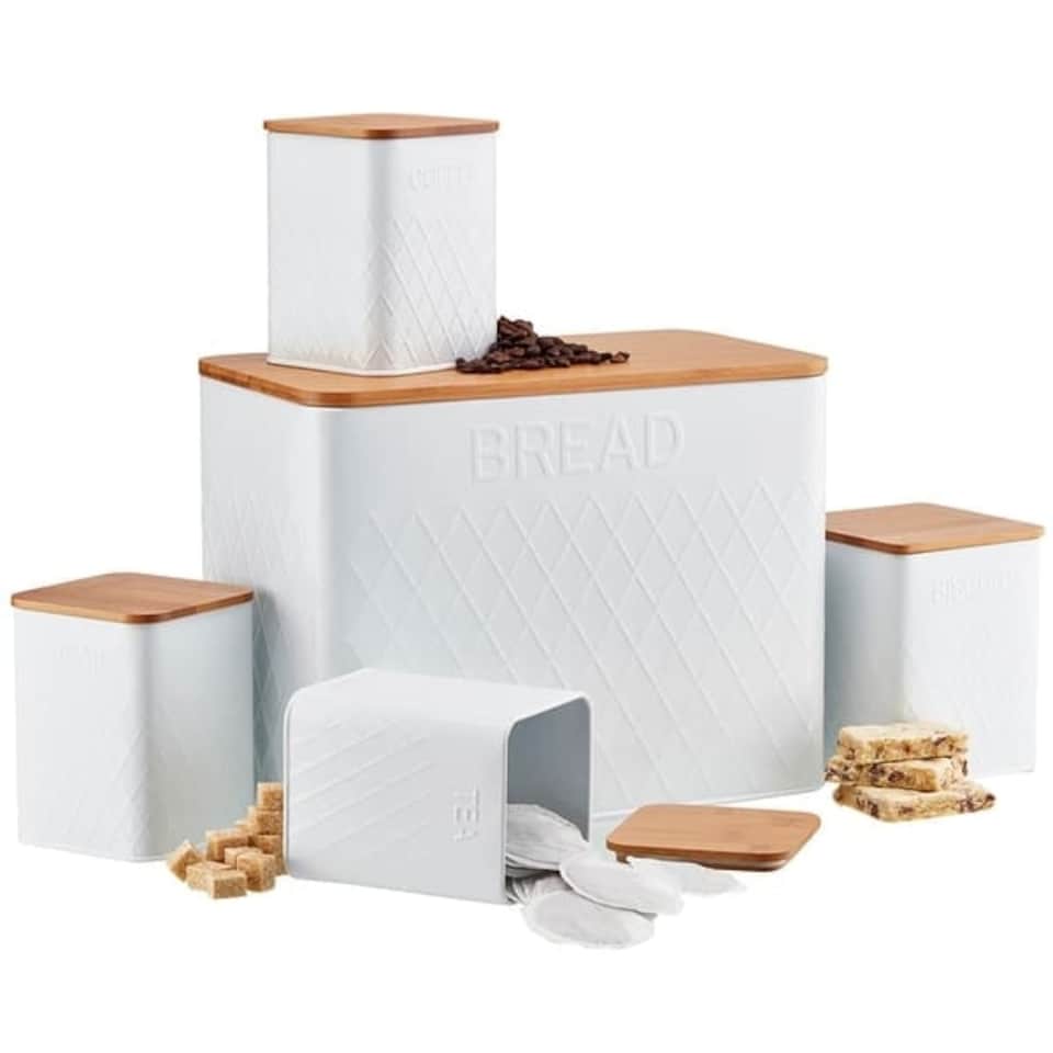 image 1 of Cooks Professional Kitchen Storage Set | 5-Piece Square with Bamboo Lids | Bread Biscuit Tea Coffee Sugar | White