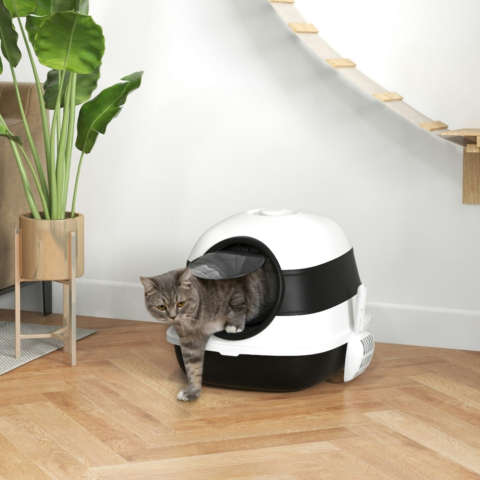 image 1 of PawHut Foldable Cat Litter Tray Hooded Cat Litter Box w/ High Side, Black
