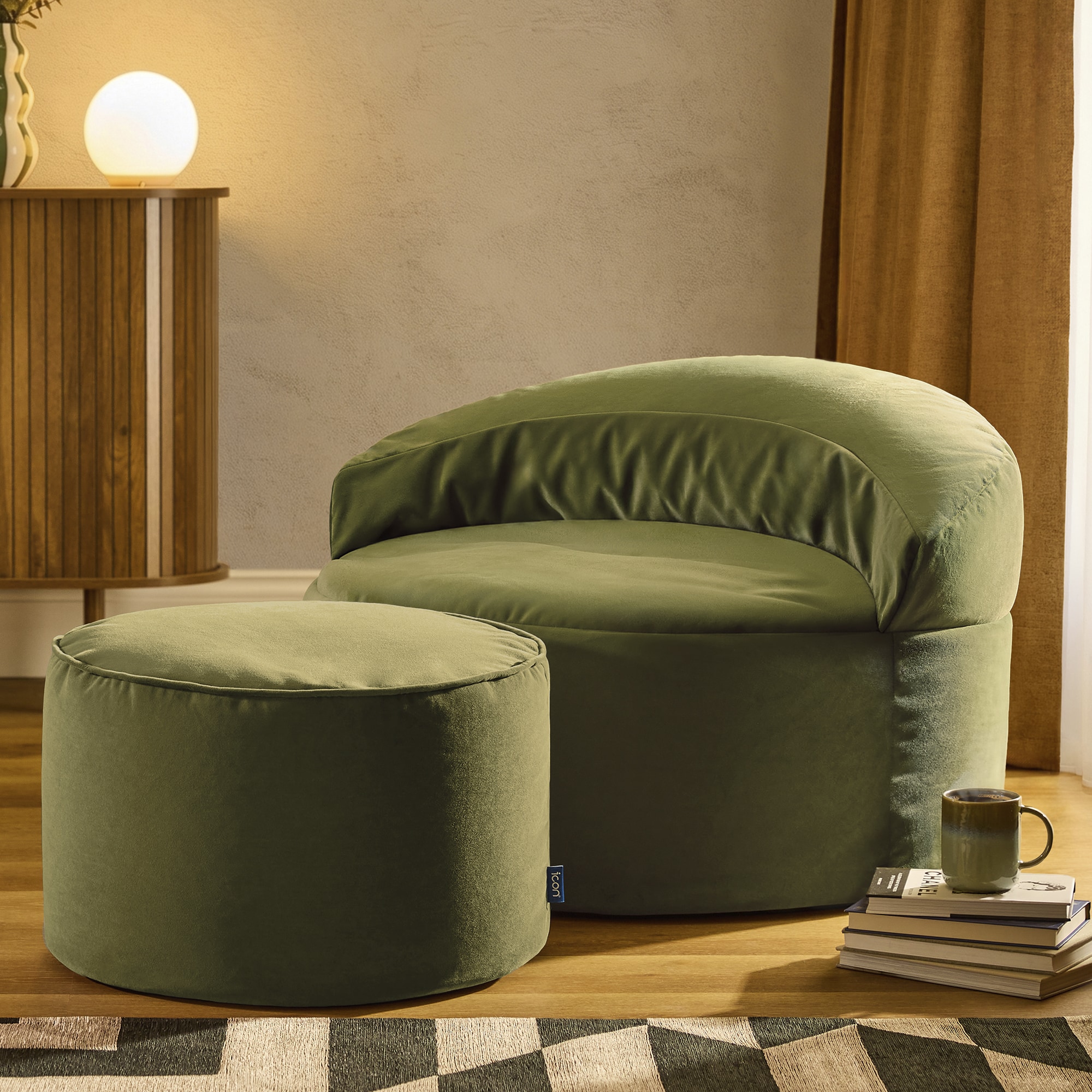 icon Orb Velvet Accent Chair Bean Bag and Milano Round Footstool, Olive Green