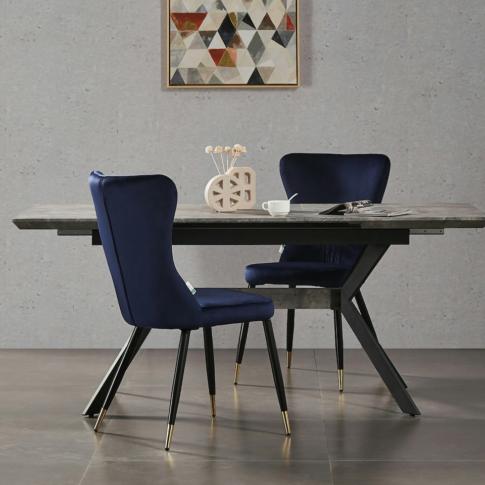 image 1 of Set of 2 New York Modern Velvet Dining Chairs with High Back, Black Metal Legs | Blue | Gold End Tips