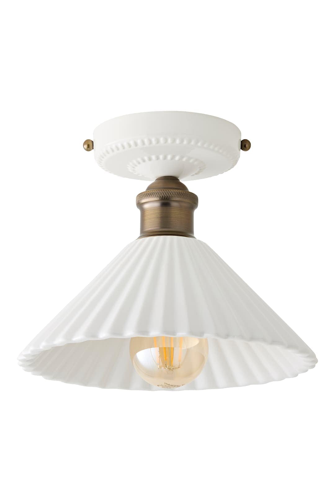 ValueLights Burford White Ceramic Ribbed Semi Flush Ceiling Light with Bulb in Cream