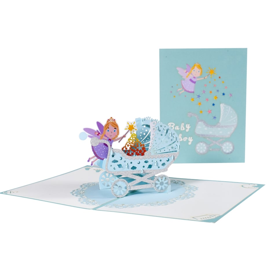 image 1 of Blue Baby Boy Carriage and Fairy 3D Pop Up Baby Shower Greeting Card