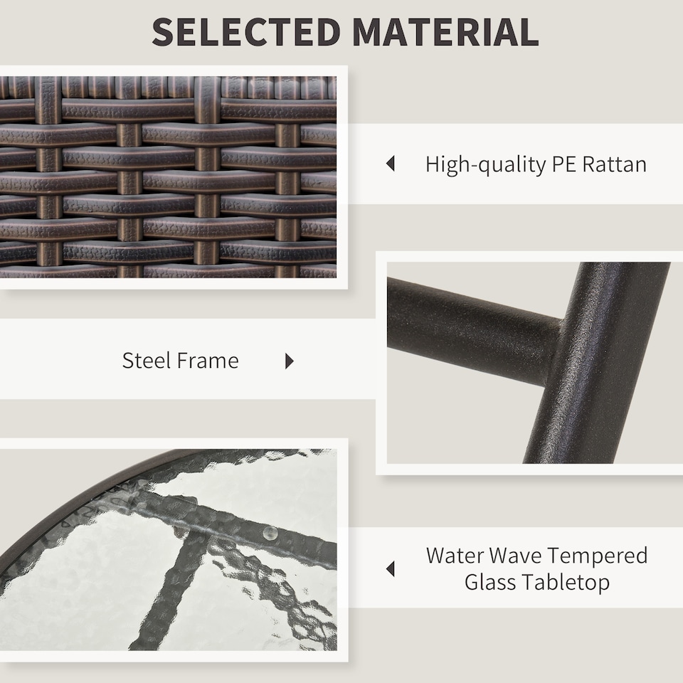 image 1 of Outsunny 3 Pieces Rattan Bistro Set, Wicker Folding Garden Furniture Set with Round Glass Top Coffee Table and Chairs for Outdoor, Patio, Balcony, Brown